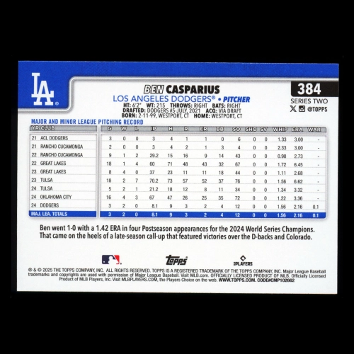 Ben Casparius RC 2025 Topps Rookie Dodgers