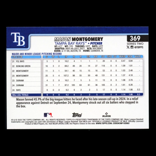Mason Montgomery RC 2025 Topps Rookie Rays