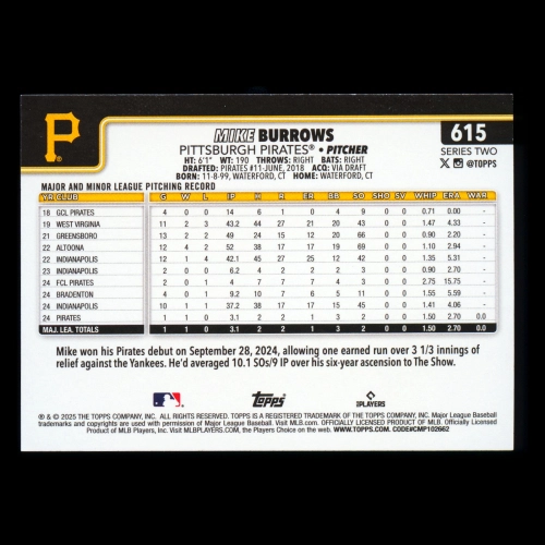 Mike Burrows RC 2025 Topps Rookie Pirates