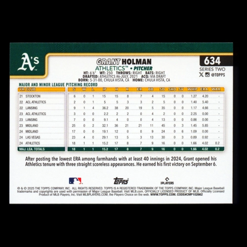 Grant Holman RC 2025 Topps Rookie Athletics