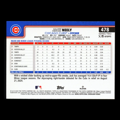Jack Neely RC 2025 Topps Rookie Cubs