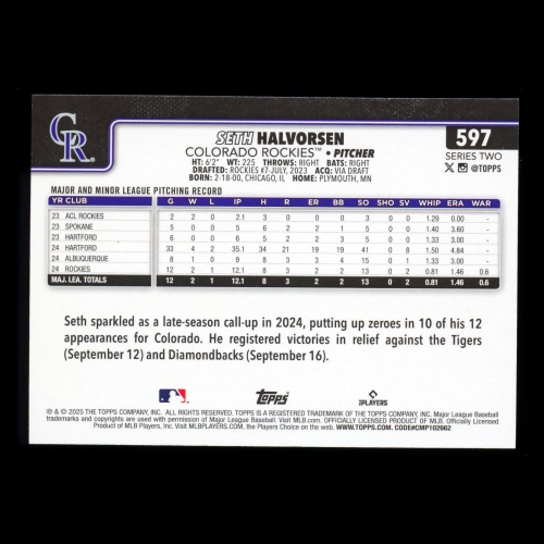Seth Halvorsen RC 2025 Topps Rookie Rockies