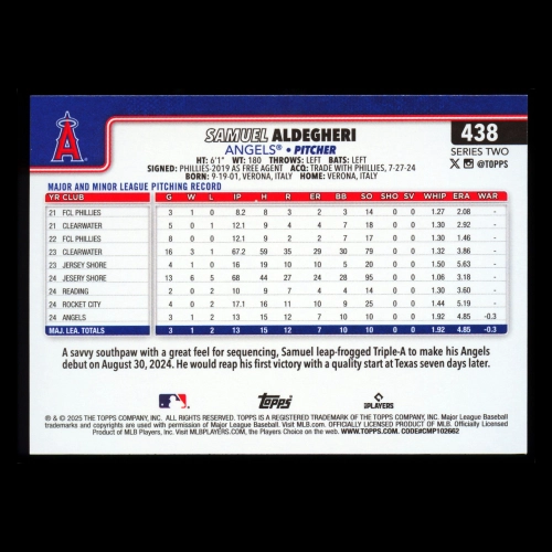 Samuel Aldegheri RC 2025 Topps Rookie Angels
