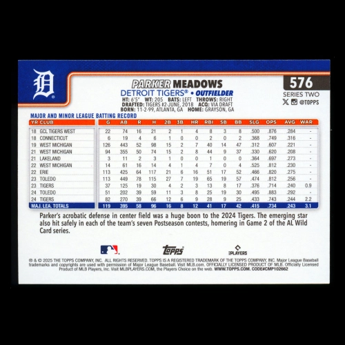 Parker Meadows 2025 Topps Future Stars Tigers