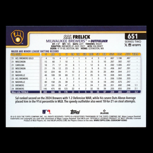 Sal Frelick 2025 Topps Future Stars Brewers