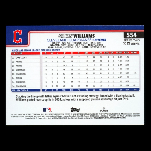 Gavin Williams 2025 Topps Future Stars Guardians