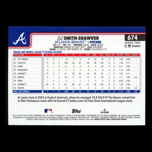 AJ Smith-Shawver 2025 Topps Future Stars Braves