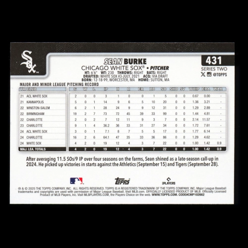 Sean Burke RC 2025 Topps Rookie White Sox