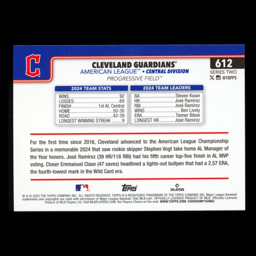 Cleveland Guardians 2025 Topps Team Card Guardians
