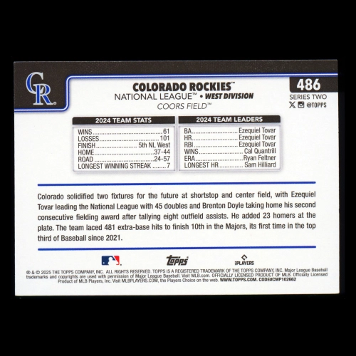 Colorado Rockies 2025 Topps Team Card Rockies