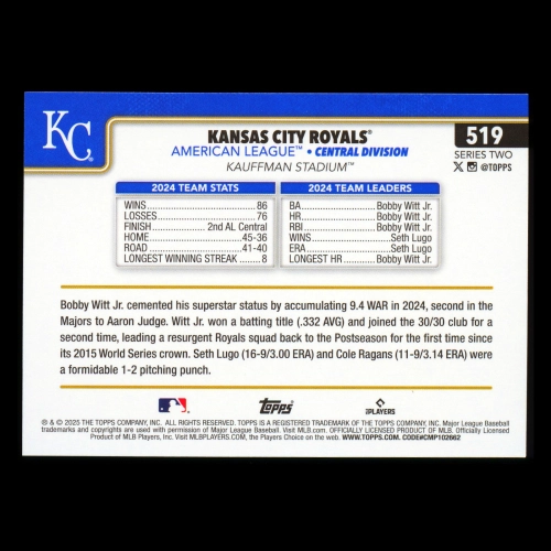 Kansas City Royals 2025 Topps Team Card Royals