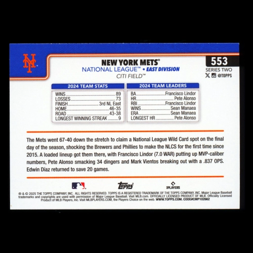 New York Mets 2025 Topps Team Card Mets
