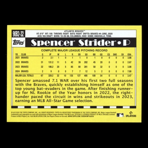 Spencer Strider 2025 Topps '90 Topps Series 2 Braves