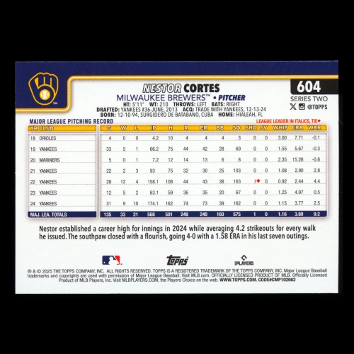 Nestor Cortes 2025 Topps Holo Foil Brewers