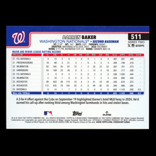 Darren Baker RC 2025 Topps Diamante Foil Rookie Nationals