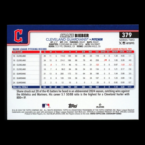 Shane Bieber 2025 Topps Diamante Foil Guardians