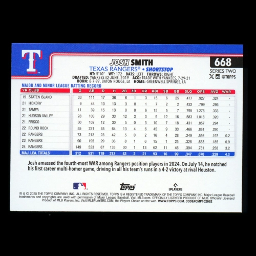Josh Smith 2025 Topps Diamante Foil Rangers