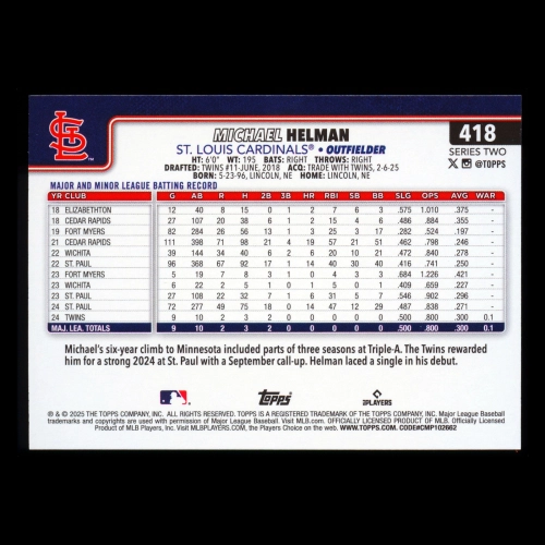 Michael Helman RC 2025 Topps Diamante Foil Rookie Cardinals