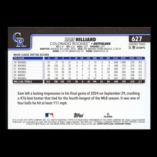 Sam Hilliard 2025 Topps Holo Foil Rockies