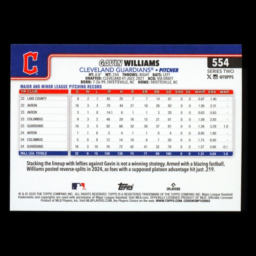 Gavin Williams 2025 Topps Future Stars Guardians