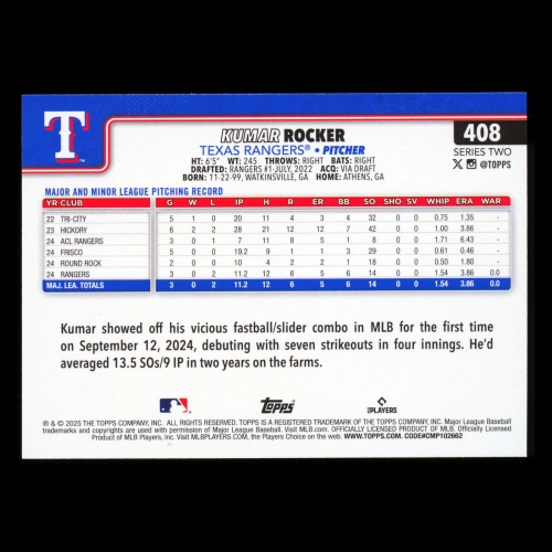 Kumar Rocker RC 2025 Topps Rookie Rangers