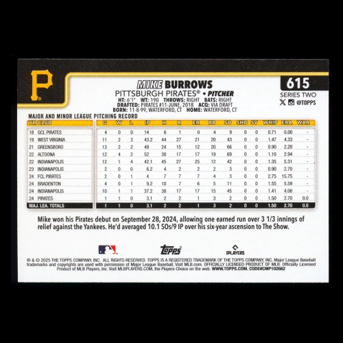 Mike Burrows RC 2025 Topps Rookie Pirates