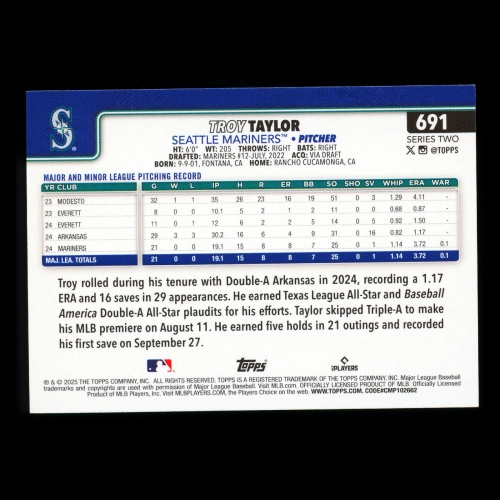 Troy Taylor RC 2025 Topps Rookie Mariners