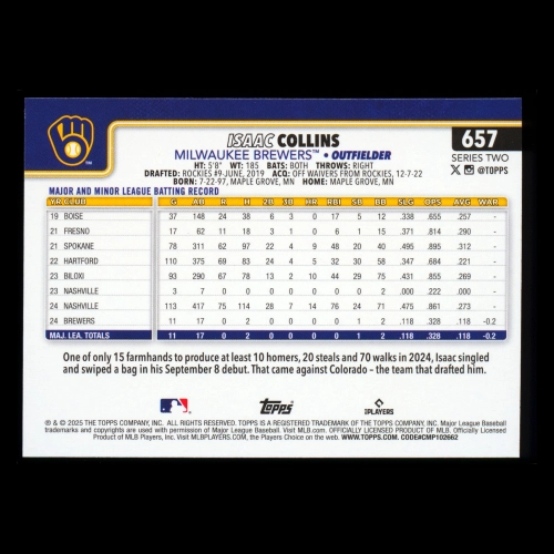 Isaac Collins RC 2025 Topps Rookie Brewers