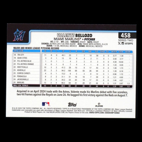 Valente Bellozo RC 2025 Topps Rookie Marlins