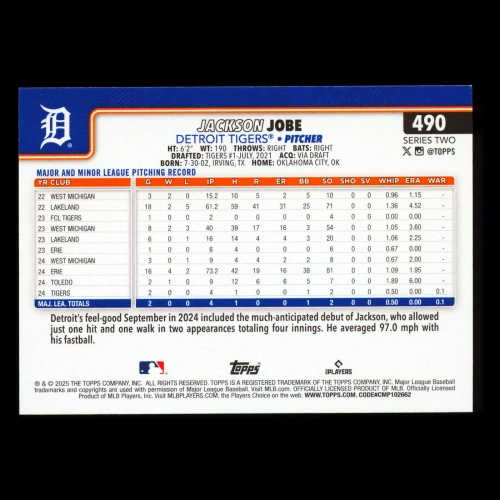 Jackson Jobe RC 2025 Topps Rookie Tigers