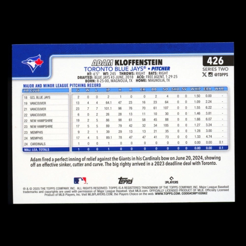 Adam Kloffenstein RC 2025 Topps Rookie Blue Jays