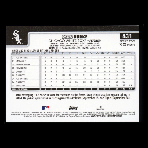 Sean Burke RC 2025 Topps Rookie White Sox