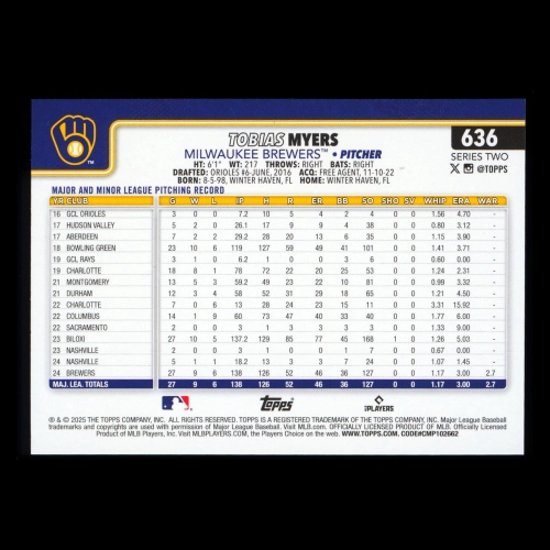 Tobias Myers 2025 Topps Future Stars Brewers