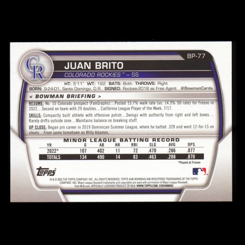Juan Brito 2023 Bowman Prospects Rockies