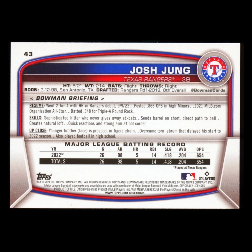 Josh Jung RC 2023 Bowman Purple Rooke Rangers 040/250