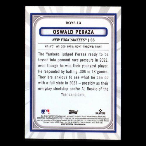  Oswald Peraza RC 2023 Bowman Chrome Rookie of the Year Favorites Rookie Yankees