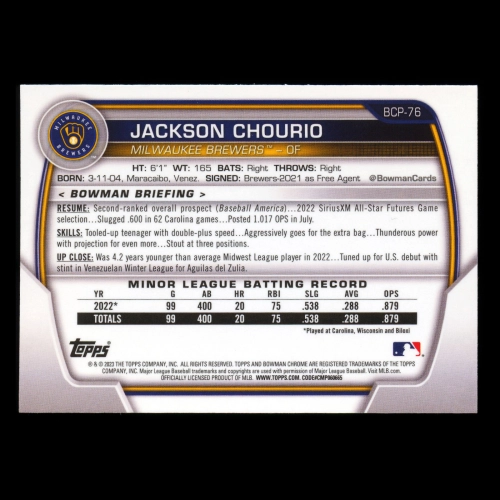 Jackson Chourio 2023 Bowman Chrome Prospects Brewers