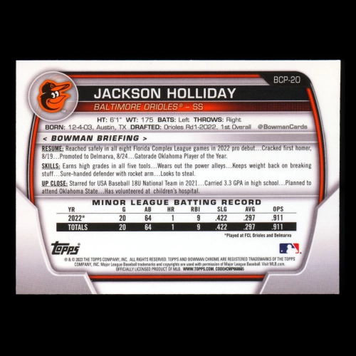 Jackson Holliday 2023 Bowman Chrome Prospects Orioles