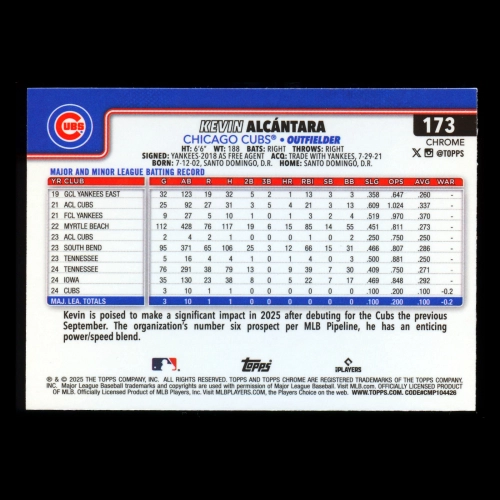 Kevin Alcntara RC 2025 Topps Chrome Rookie Cubs