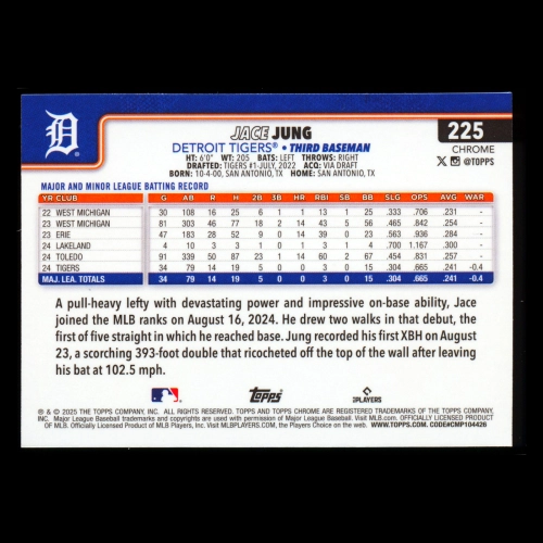 Jace Jung RC 2025 Topps Chrome Rookie Tigers