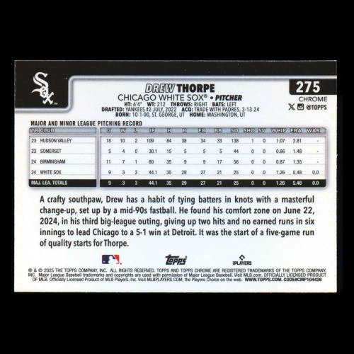 Drew Thorpe RC 2025 Topps Chrome Rookie White Sox