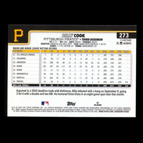 Billy Cook RC 2025 Topps Chrome Rookie Pirates