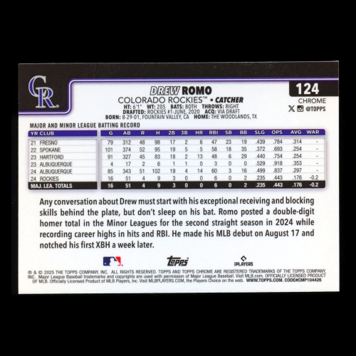 Drew Romo RC 2025 Topps Chrome Rookie Rockies