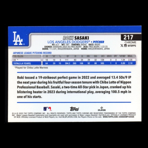 Roki Sasaki RC 2025 Topps Chrome Rookie Dodgers
