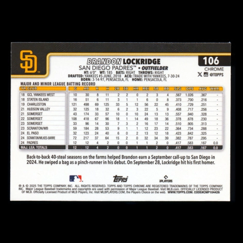 Brandon Lockridge RC 2025 Topps Chrome Rookie Padres