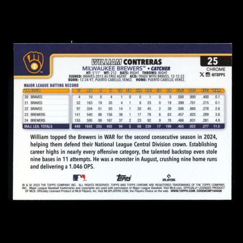 William Contreras 2025 Topps Chrome Brewers