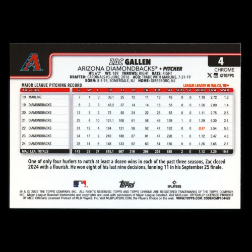 Zac Gallen 2025 Topps Chrome Diamondbacks
