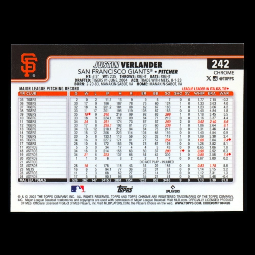 Justin Verlander 2025 Topps Chrome Giants