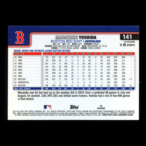 Masataka Yoshida 2025 Topps Chrome Red Sox