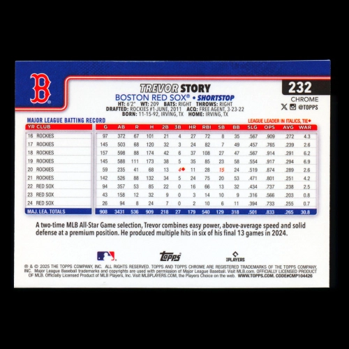 Trevor Story 2025 Topps Chrome Red Sox